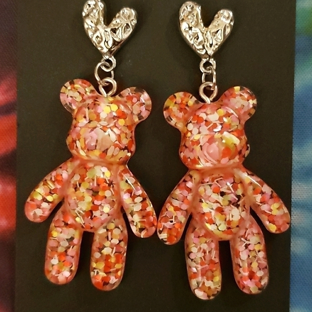 Handmade Lightweight Pink Glitter Confetti Gummy Bear Heart Dangle Earrings